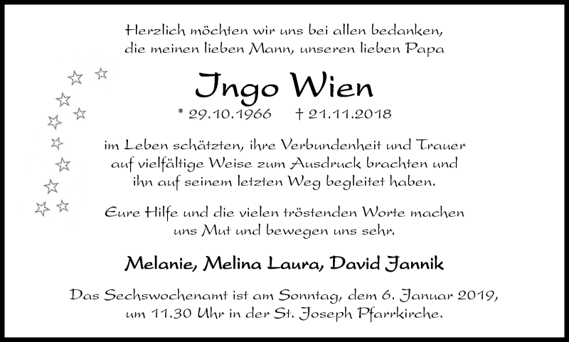  Traueranzeige für Ingo Wien vom 02.01.2019 aus Stadtspiegel Bottrop