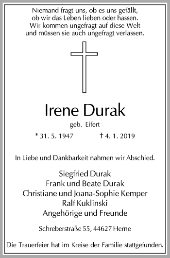Traueranzeige von Irene Durak von Wochenblatt Herne/Wanne-Eickel