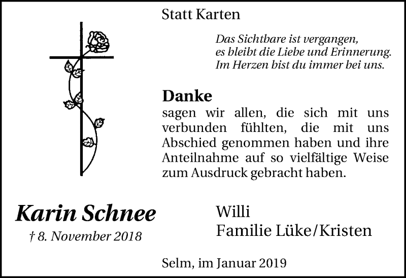  Traueranzeige für Karin Schnee vom 19.01.2019 aus Lüner Anzeiger