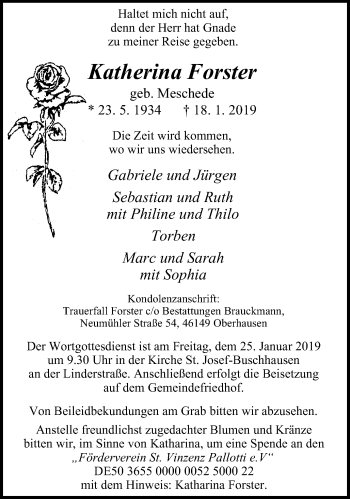 Traueranzeige von Katherina Forster von Wochen-Anzeiger Oberhausen