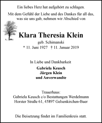 Traueranzeige von Klara Theresia Klein von Stadtspiegel Gelsenkirchen