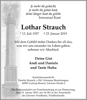 Traueranzeige von Lothar Strauch von Stadtanz.Castrop-Rauxel
