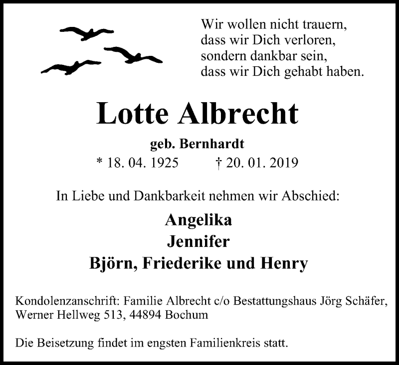  Traueranzeige für Lotte Albrecht vom 26.01.2019 aus Stadtspiegel Bochum