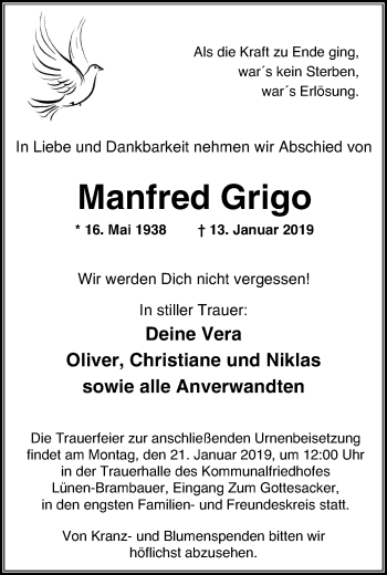 Traueranzeige von Manfred Grigo von Lüner Anzeiger