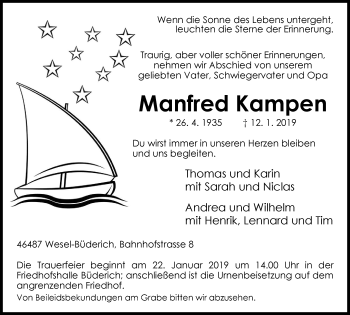 Traueranzeige von Manfred Kampen von Der Weseler + Der Xantener
