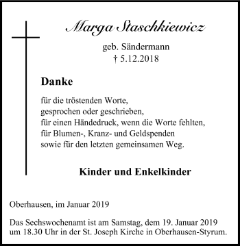 Traueranzeige von Marga Staschkiewicz von Wochen-Anzeiger Oberhausen