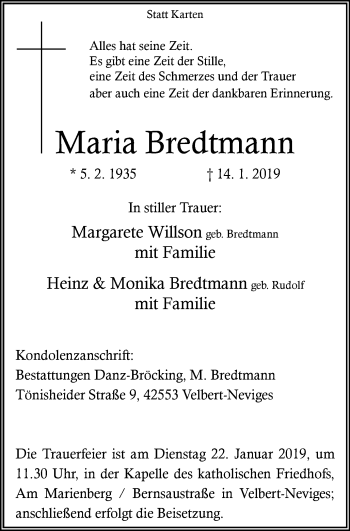 Traueranzeige von Maria Bredtmann von Stadtanzeiger Velbert + Heiligenhaus