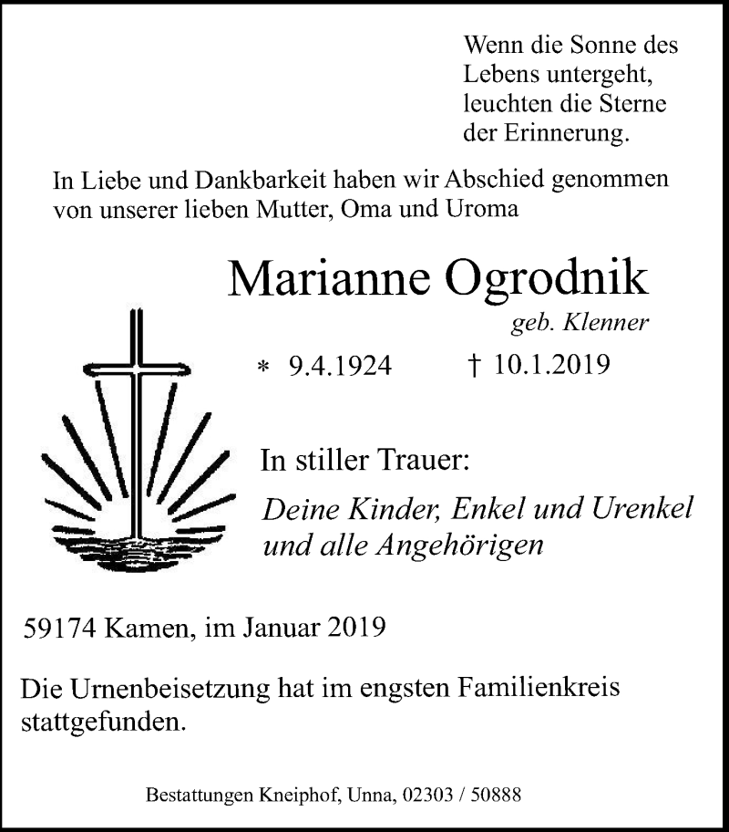  Traueranzeige für Marianne Ogrodnik vom 30.01.2019 aus Stadtspiegel Kamen + Unna