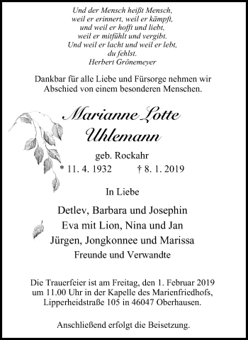 Traueranzeige von Marianne Lotte Uhlemann von Wochen-Anzeiger Oberhausen