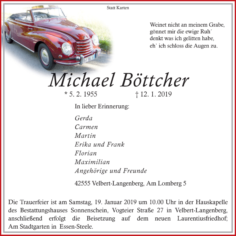  Traueranzeige für Michael Böttcher vom 16.01.2019 aus Stadtanzeiger Velbert + Heiligenhaus