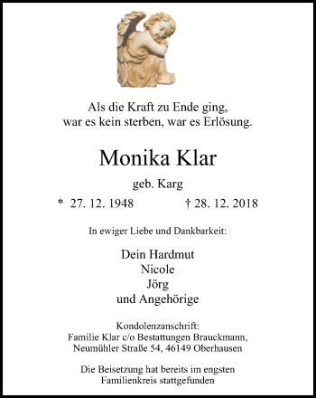 Traueranzeige von Monika Klar von Wochen-Anzeiger Oberhausen