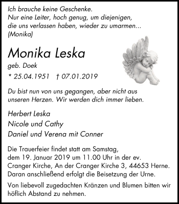 Traueranzeige von Monika Leska von Wochenblatt Herne/Wanne-Eickel