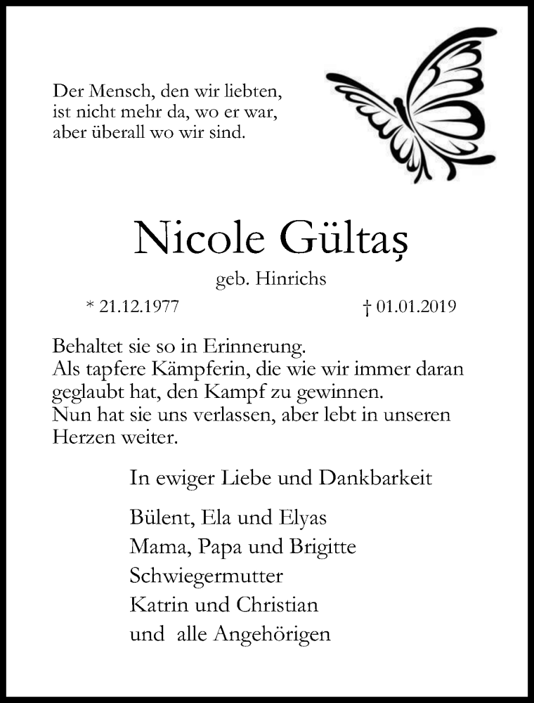  Traueranzeige für Nicole Gültas vom 12.01.2019 aus Stadtspiegel Gelsenkirchen