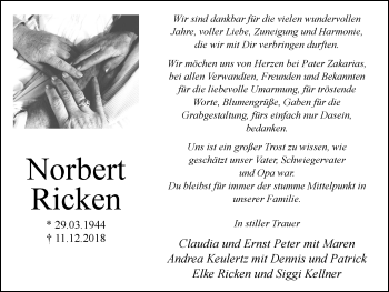 Traueranzeige von Norbert Ricken von Stadtanzeiger Emmerich/Rees/Isselburg