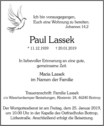 Traueranzeige von Paul Lassek von Stadtspiegel Bottrop