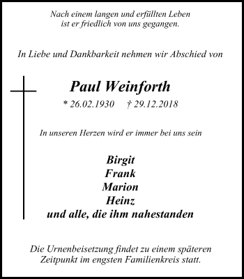 Traueranzeige von Paul Weinforth von Wochen-Anzeiger Oberhausen