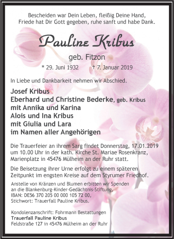 Traueranzeige von Pauline Kribus von Mülheimer Woche