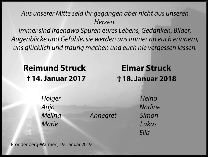  Traueranzeige für Reimund und Elmar Struck vom 19.01.2019 aus Stadtspiegel Menden+Fröndenberg+Iserlohn/Hemer