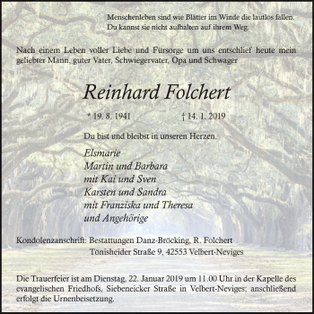 Traueranzeige von Reinhard Folchert von Stadtanzeiger Velbert + Heiligenhaus
