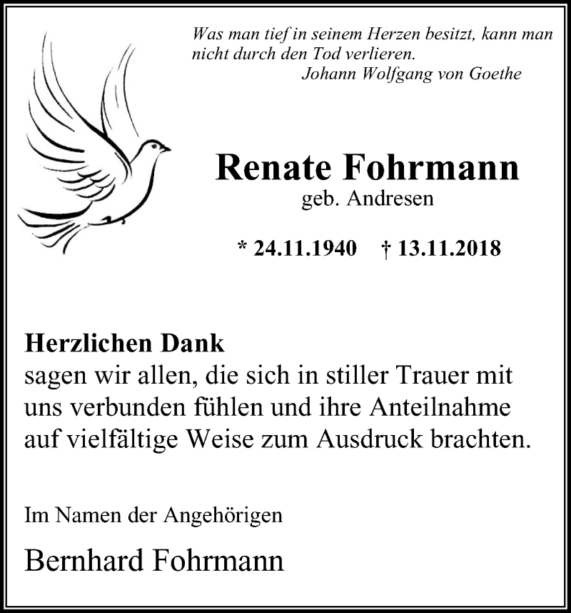  Traueranzeige für Renate Fohrmann vom 02.01.2019 aus Stadtspiegel Wattenscheid
