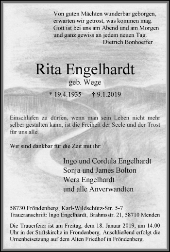 Traueranzeige von Rita Engelhardt von Stadtspiegel Menden + Froendenberg