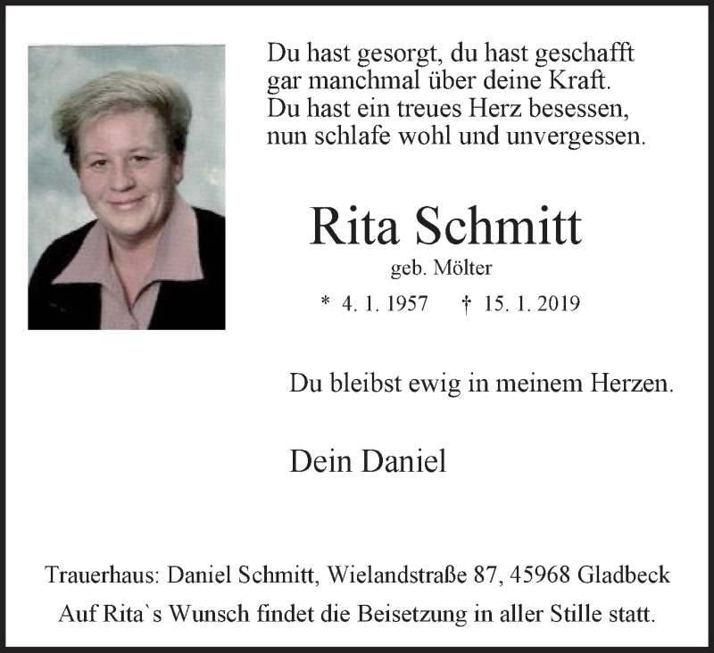  Traueranzeige für Rita Schmitt vom 23.01.2019 aus Stadtspiegel Gladbeck