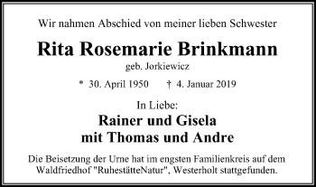 Traueranzeige von Rita Rosemarie Brinkmann von Stadtspiegel Gelsenkirchen