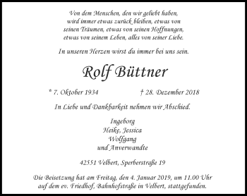 Traueranzeige von Rolf Büttner von Stadtanzeiger Velbert + Heiligenhaus