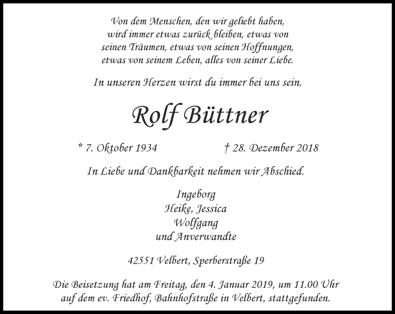  Traueranzeige für Rolf Büttner vom 09.01.2019 aus Stadtanzeiger Velbert + Heiligenhaus