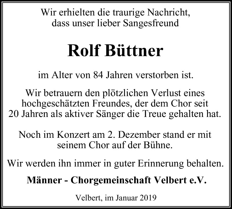  Traueranzeige für Rolf Büttner vom 05.01.2019 aus Stadtanzeiger Velbert + Heiligenhaus