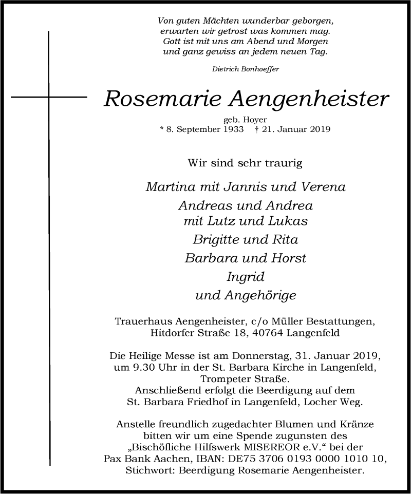  Traueranzeige für Rosemarie Aengenheister vom 26.01.2019 aus Wochen-Anzeiger Langenfeld/Monheim/Hilden
