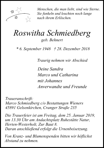 Traueranzeige von Roswitha Schmiedberg von Stadtspiegel Gelsenkirchen