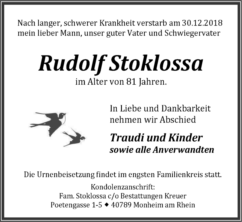  Traueranzeige für Rudolf Stoklossa vom 05.01.2019 aus Wochen-Anzeiger Langenfeld/Monheim/Hilden