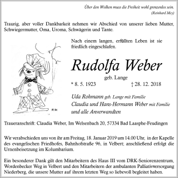 Traueranzeige von Rudolfa Weber von Stadtanzeiger Velbert + Heiligenhaus