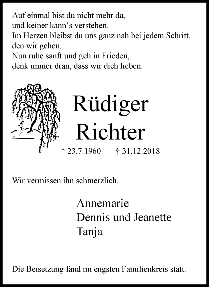  Traueranzeige für Rüdiger Richter vom 09.01.2019 aus Stadtanzeiger Emmerich/Rees/Isselburg