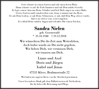 Traueranzeige von Sandra Nielen von Klever Wochenblatt