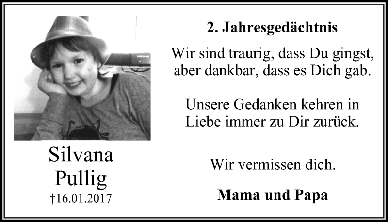  Traueranzeige für Silvana Pullig vom 16.01.2019 aus Stadtspiegel Iserlohn + Hemer
