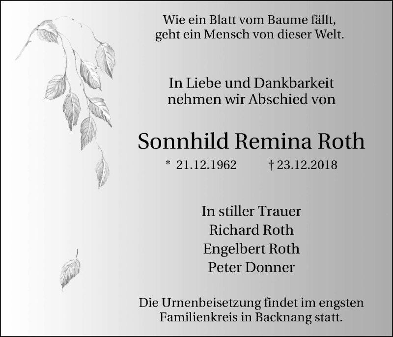 Traueranzeige für Sonnhild Remina Roth vom 02.01.2019 aus Lüner Anzeiger