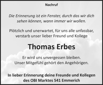 Traueranzeige von Thomas Erbes von Stadtanzeiger Emmerich/Rees/Isselburg + Klever Wochenblatt