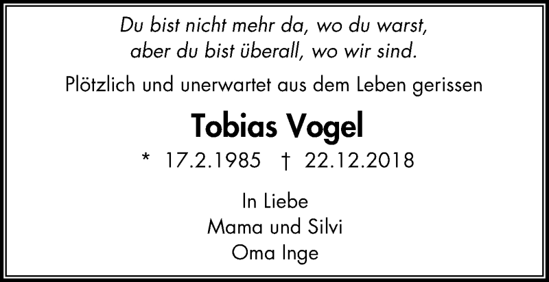  Traueranzeige für Tobias Vogel vom 05.01.2019 aus Wochen-Anzeiger Oberhausen