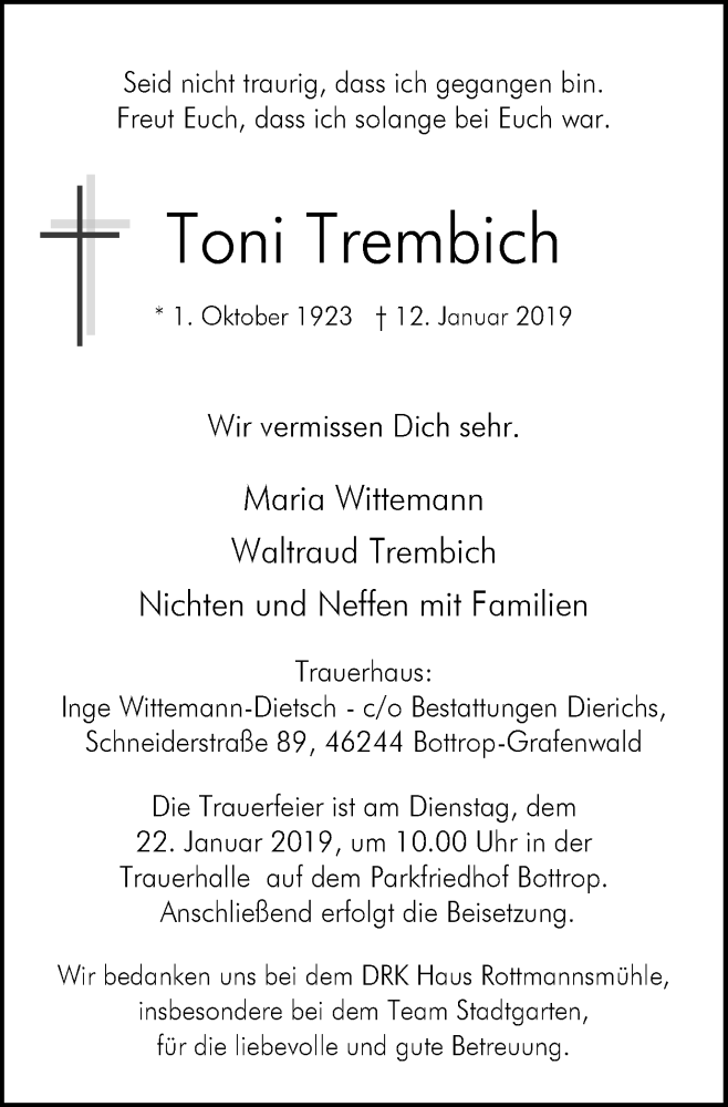  Traueranzeige für Toni Trembich vom 19.01.2019 aus Stadtspiegel Bottrop