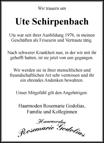 Traueranzeige von Ute Schirpenbach von Wochen-Anzeiger Langenfeld/Monheim/Hilden