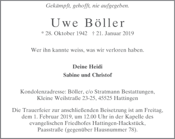 Traueranzeige von Uwe Böller von Stadtspiegel Hattingen/Niedersprockhövel