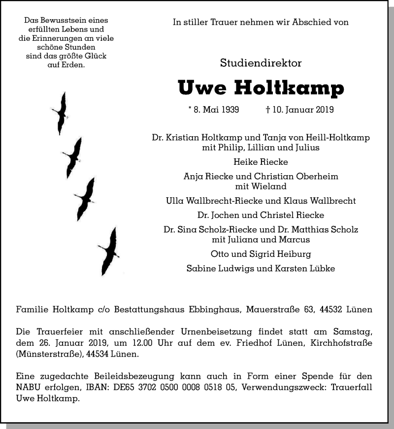  Traueranzeige für Uwe Holtkamp vom 19.01.2019 aus Lüner Anzeiger