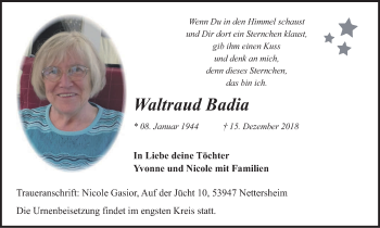 Traueranzeige von Waltraud Badia von Wochen-Anzeiger Oberhausen