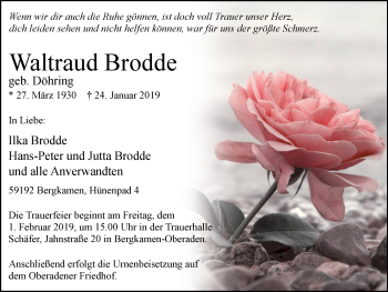 Traueranzeige von Waltraud Brodde von Stadtspiegel Kamen + Unna