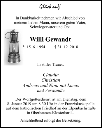 Traueranzeige von Willi Gewandt von Wochen-Anzeiger Oberhausen