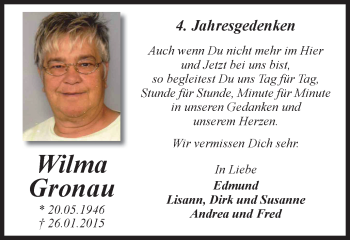 Traueranzeige von Wilma Gronau von Stadtspiegel Bottrop