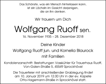 Traueranzeige von Wolfgang Ruoff von Stadtspiegel Hattingen/Niedersprockhövel
