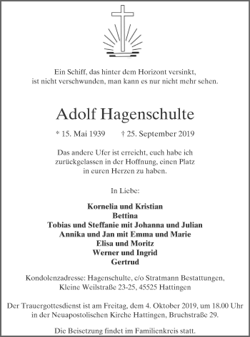 Traueranzeige von Adolf Hagenschulte von WVW Anzeigenblätter